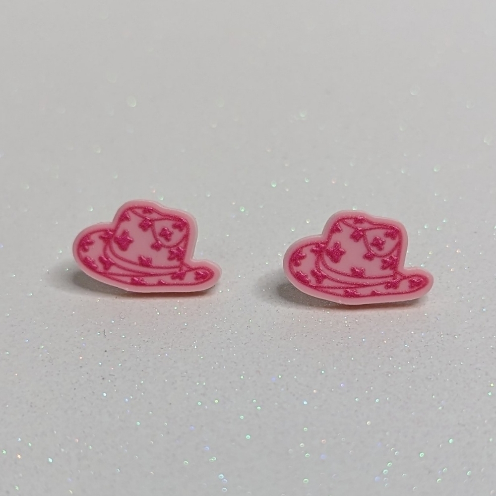Cowboy hat cow print pink acrylic stud earrings